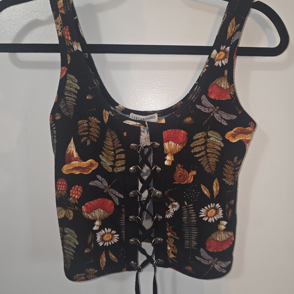 EARTHBOUND Black Floral Mushroom Lace-Up Crop Top